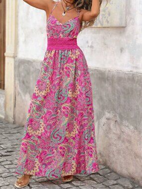 Multicolor Boho Women's Hollow Strap Flared Leopard Print Holiday Dress